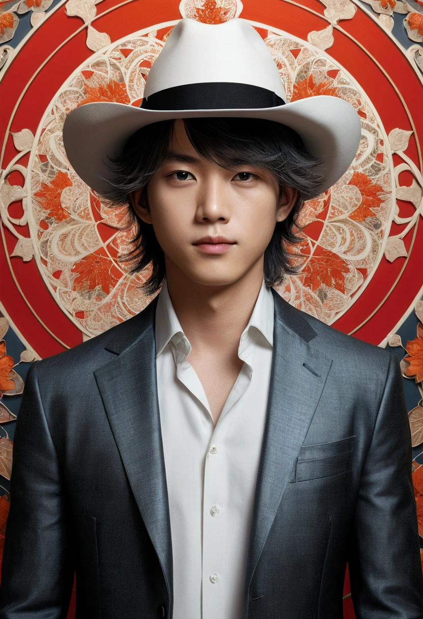 One boy, alone, (masterpiece, super high quality, High resolution, 8k, Complex: 1.2), (Detailed face:1.2), good looking, Young Korean Man ,White skin, double eyelid , Detailed skin, One boy, ((Realistic)), Men's Center, ((Realistic)), ((青White skin)), , piece, good looking,One boy, Orange Hair,Nakahara Chuuya,Long Hair,Have, Grey Eyes, choker, Deep Eyes,Best, View your viewers, smile, Fedora, Throw a jacket over one's shoulders, (masterpiece), (Highest quality:1),Official Art, unity 8k wallpaper, Super detailed, beautifully、aesthetic, masterpiece, Highest quality, (zentangle, mandala, Tangle, enTangle), (fractal art:1.3) , One girl, Red flower, Very detailed, Dynamic Angle, Cowboy Shot, The most beautiful form of chaos, elegant, Brutalist design, Vibrant colors, Romanticism, James Jean, Robbie Dowie Anton, ross tran, francis bacon, It was freezing cold, adrian's genius, Petra Cortright, gerhard richter, takato yamamoto, Ashley Wood, Atmospheric optical illusion