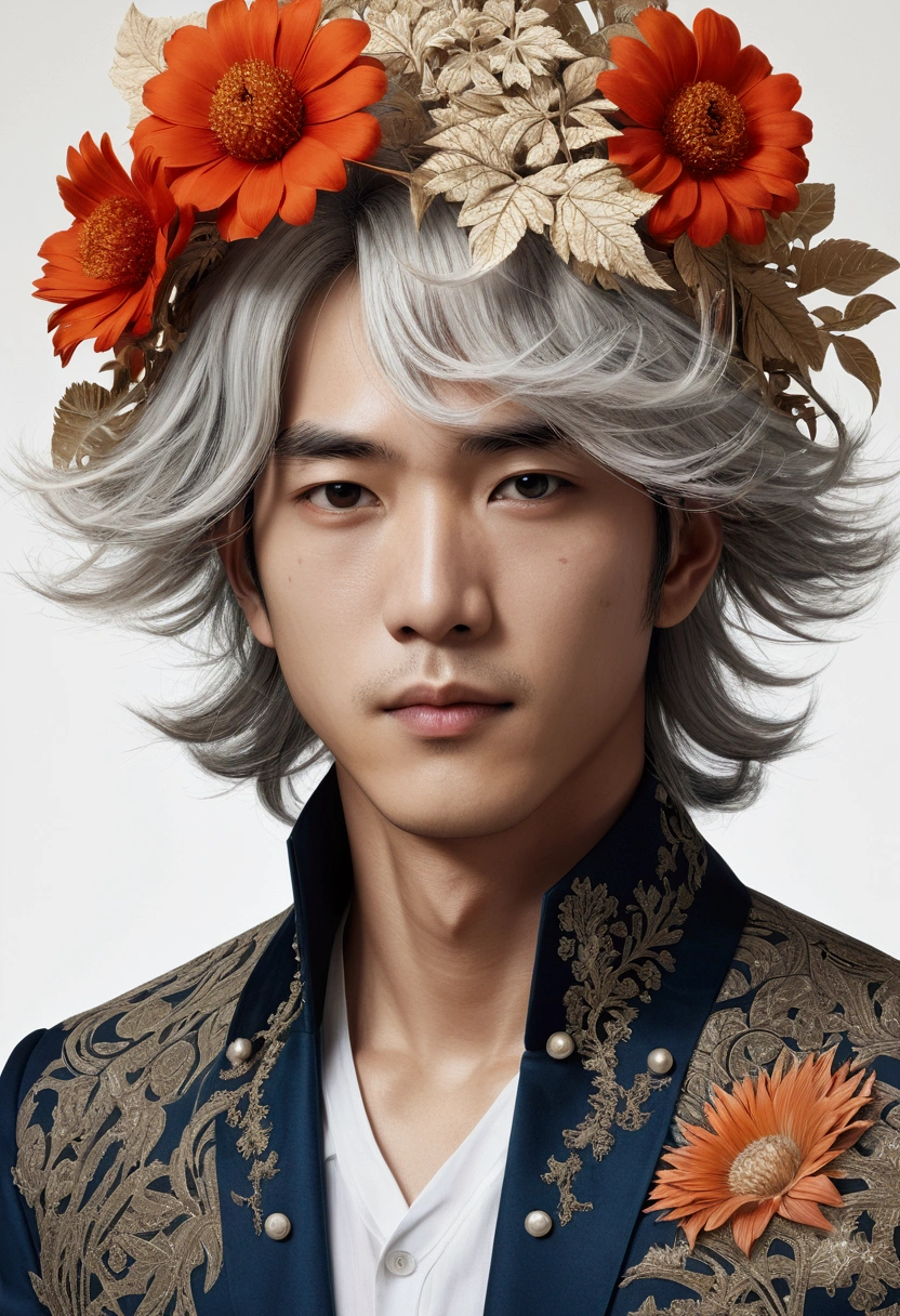 One boy, alone, (masterpiece, super high quality, High resolution, 8k, Complex: 1.2), (Detailed face:1.2), good looking, Young Korean Man ,White skin, double eyelid , Detailed skin, One boy, ((Realistic)), Men's Center, ((Realistic)), ((青White skin)), , piece, good looking,One boy, Orange Hair,Nakahara Chuuya,Long Hair,Have, Grey Eyes, choker, Deep Eyes,Best, View your viewers, smile, Fedora, Throw a jacket over one's shoulders, (masterpiece), (Highest quality:1),Official Art, unity 8k wallpaper, Super detailed, beautifully、aesthetic, masterpiece, Highest quality, (zentangle, mandala, Tangle, enTangle), (fractal art:1.3) , One girl, Red flower, Very detailed, Dynamic Angle, Cowboy Shot, The most beautiful form of chaos, elegant, Brutalist design, Vibrant colors, Romanticism, James Jean, Robbie Dowie Anton, ross tran, francis bacon, It was freezing cold, adrian's genius, Petra Cortright, gerhard richter, takato yamamoto, Ashley Wood, Atmospheric optical illusion