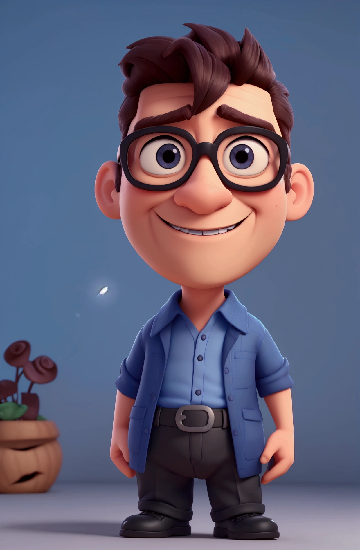 Cartoon character of a man in black glasses and blue shirt, an animated character, stylized character, animation style rendering, 3d stylized, Arnold Maya rendering, Stylized 3D rendering, toon render screenshot, 3d character, 3d character, Stylized 3D rendering, 3D character rendering, cartoon character, Personagem de close up, character posing, (Pixar-style) (master part:1.2) (bokeh) (best qualityer) (skin detailed) (detailed texture) (8k) (Argilla) (cinematic lighting) (sharp focus,Sit down and lift your upper body
