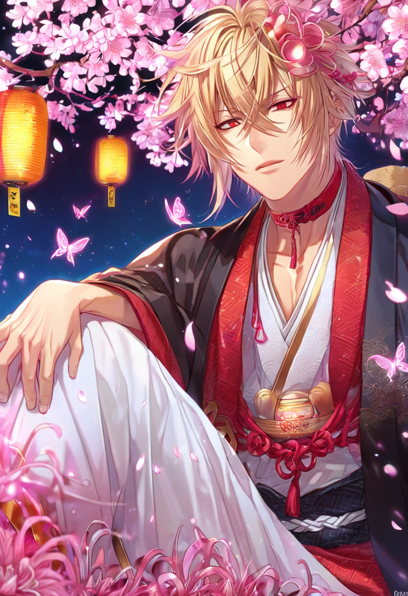 absurd resolution, high resolution, ultra detailed, detailed eyes, extremely detailed, HDR, 8K, Kazama Chikage, honey blonde hair, expressive red eyes, Hakuouki, solo, sexy man sitting, handsome, black haori, white kimono, red collar, fantasy, cool, magical, pink glittering butterflies, pink dust flying around, pink spider lilies, pink petals, pink lanterns, Japanese ambiance, cherry blossoms