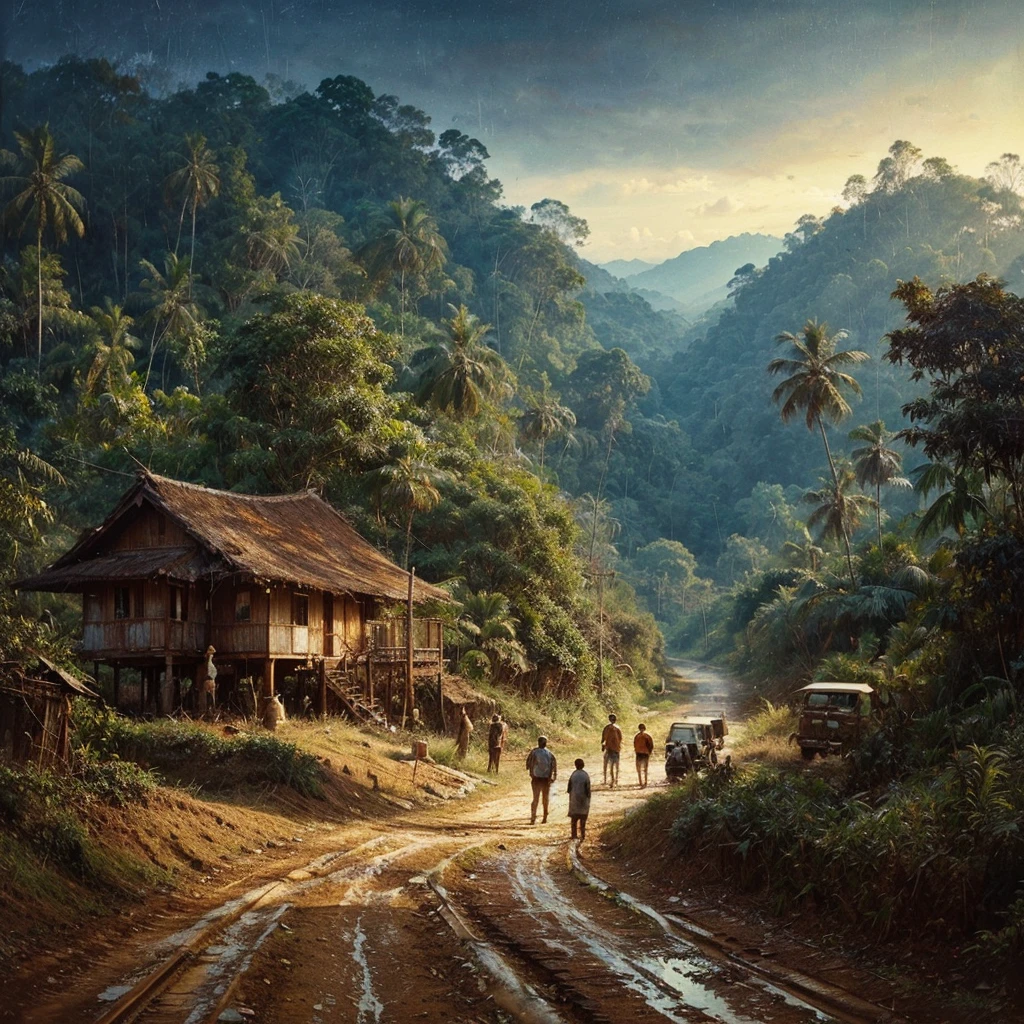 Oil paint splattered era 1960, a view, dirt road junction, There is an open house without a room where 2 people are chatting in the house, There was a man who was walking behind him, there was a woman, samping kanan kiri forest rapat borneo, there is a mountain background, forest, coconut tree, and trees, there is bush grass, ferns plant,very dark night,naturalism,Realism,very dull canvas,basuki abdullah style,Oil paint splashes are intuitive