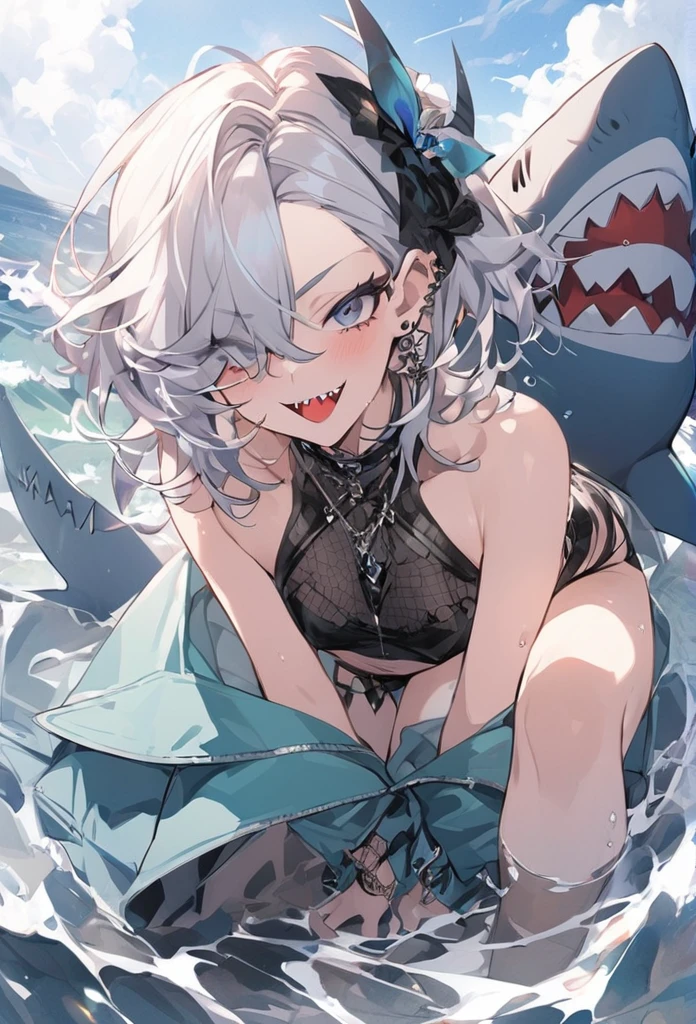 an anime character posing in a bikini in the water getting sun burnt, 1girl, shark girl, fish tail, shark tail, eyewear on head, breasts, solo, swimsuit, one eye closed, tail, white hair, sharp teeth, bikini, furry female, teeth, purple eyes, looking at viewer