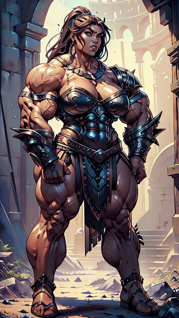 huge muscle woman wearign swords and shield