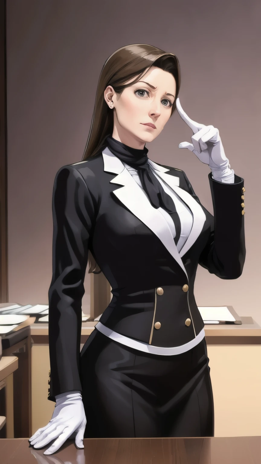 (Raise a finger),behind the desk, white gloves, thinking, mia_fey black_uniform brown_scarf serious (in the court), extremly detailed