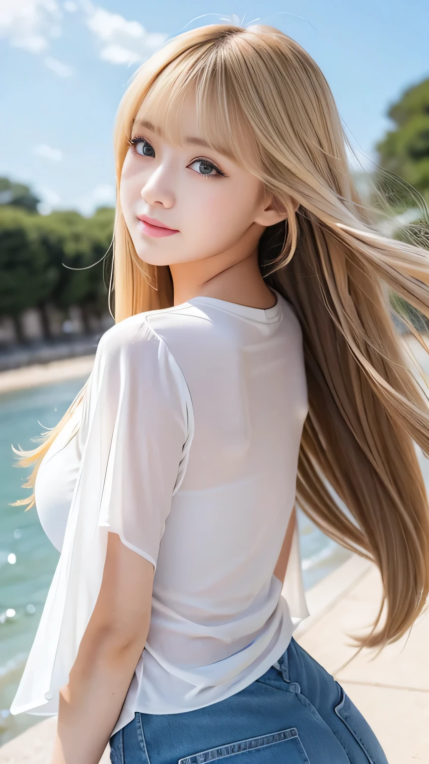 Sexy Big 、Sexy and cute look and cute 18-year-old beautiful girl, Beautiful and sexy face、A strong wind blows my hair in front of my face、Beautiful blonde with long straight hair。Her cute and sexy eyes are hidden behind her long bangs.。
