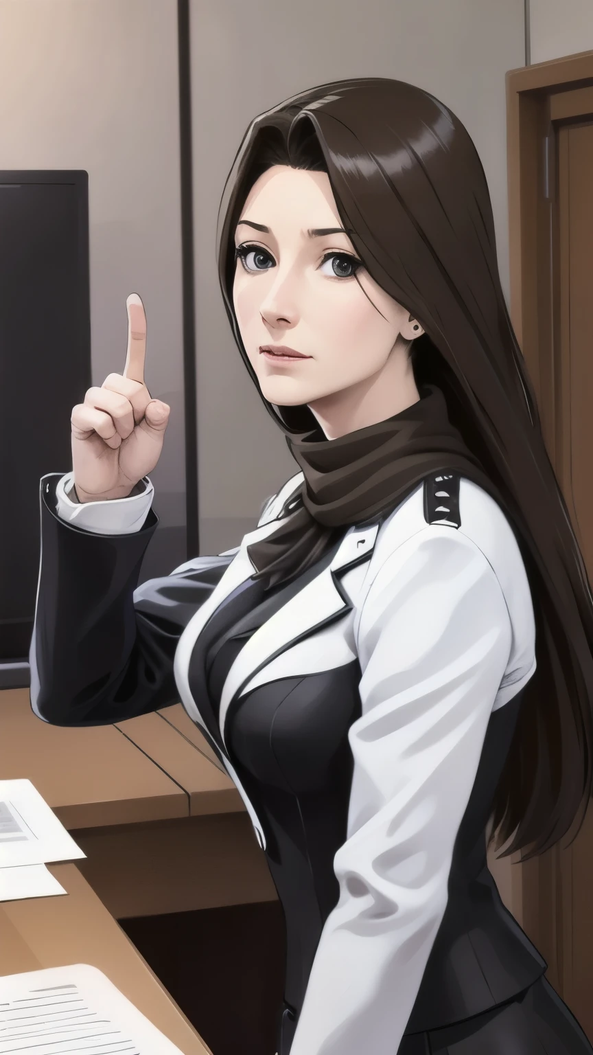 (Raise a finger),behind the desk, white gloves, thinking, mia_fey black_uniform brown_scarf serious (in the court), extremly detailed