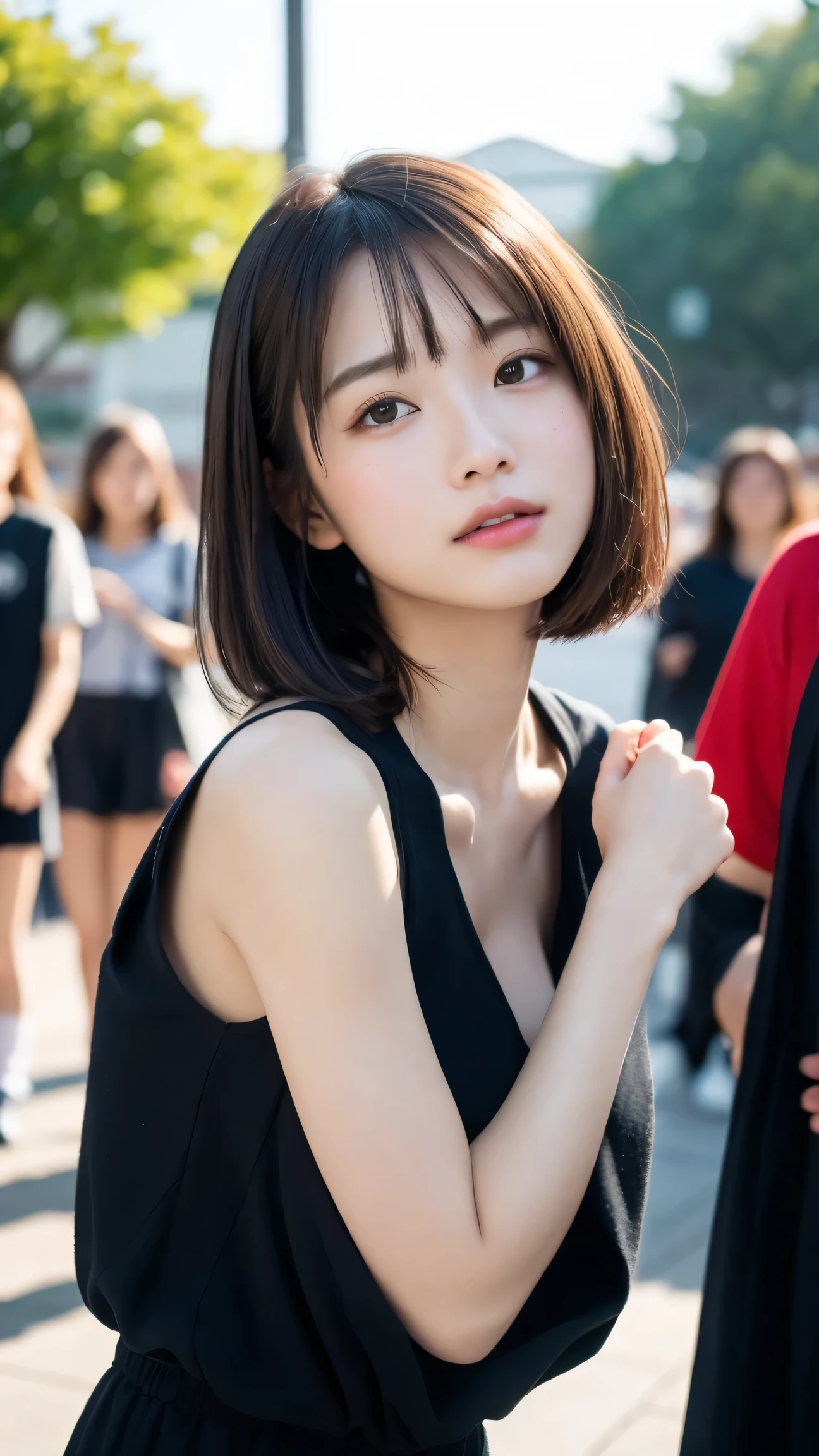 （8k、Live Action、RAW Photos、Highest quality、masterpiece：1.2),(Outdoor,Front lighting:1.2),((Perfect lighting)),(Long Bob Cut),Observe the audience,look up,Hug Pose, strong,erotic,18-year-old,student,White skin,knees,Absurd,Small face,前hairを真ん中から分けます、The forehead is visible,(Embarrassing,Squint your eyes,Glare,strong,skinny,skinny,Irritated)、masterpiece,Highest quality、Ultra-high resolution,One person, One personで,Close-up shot、cute、studentに戻る,(Sporty clothes:1.3,Team Color),high school girl,Japanese women,Are standing,（フォトGenuine：1.37）、Photon Mapping,Genuineistic、cuteSmall face,Brown eyes、prospect、Written boundary depth、Blurred Background、Genuine,(前hairが見える), hair, kneesが見える, thigh,(Nogizaka Idol), actress、Big and ample breasts、Cleavage、Super Fine、Low people々、(Skin with visible pores:1.2)、(Focus on the face)、8 heads、Natural Neck、Check and fix the skeleton