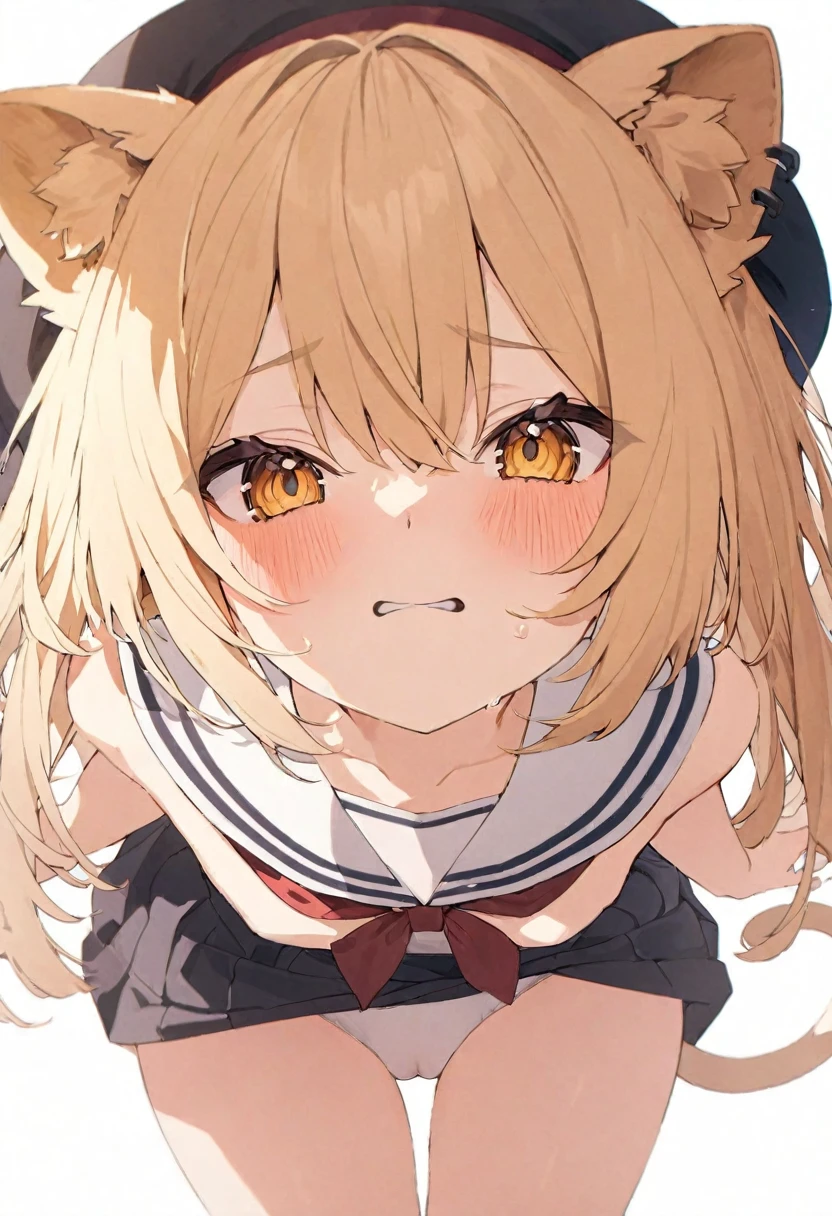 (muste piece), (best quality), (score_9, score_8_up, score_7_up), very detailed eyes, expressive eyes, perfect face, very detailed face, highly detailed face, beautiful girl, 8K, beautiful girl, white background, delicate and beautiful face and eyes, dark intense shadow,
1 girl, vtuber style, cool girl, hololive, vtuber, rurudo_lion, blond lion ears, blond lion tail, blond hair, short hair, blond eyes, hair between eyes, Berets, Sailor suit, sleeveless suit, short skirt, bow, skirt_lift, underpants, cameltoe, small chest, clavicle, shy expression, blush, (full body), naked thighs, sandals, standing, sweating, wind blowing, from below, pov crotch,