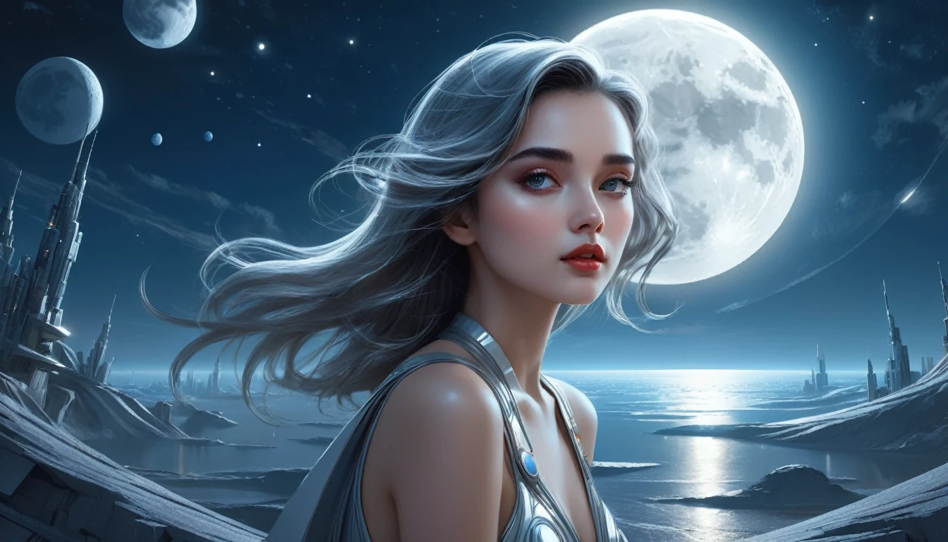 (high quality), (masterpiece), (detailed), 8K, Surrealistic depiction of futurism (1 girl 1.2), very beautiful girl in a moon-themed scene. Meticulous details capture the tranquil beauty of moonlight, Create visually stunning compositions. Popular on artstation. black hair, very beautiful face, full make up