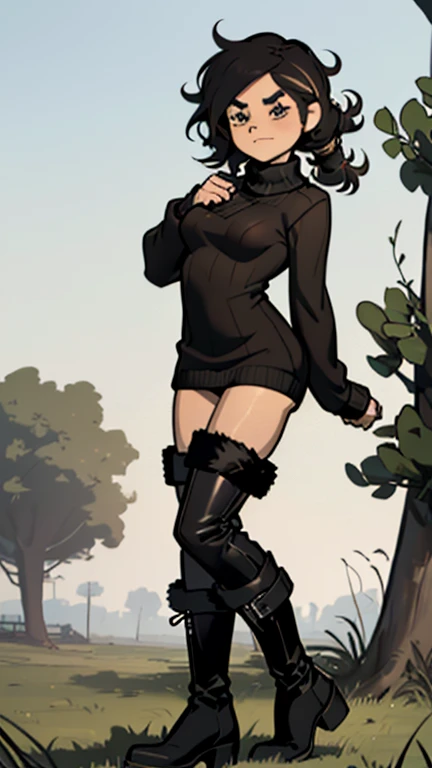 (detailed), (((normal girl))), (Arabic characteristics), ((brown sheepskin jacket)), ((pelo negro rizado free hair)), ((free hair)), (calm face), ((by the width)), ((black high boots)), (((whole body))), ((in the middle of a field leaning on a tree), ((woman)), (black turtleneck sweater), ((only one person)), (at midday)