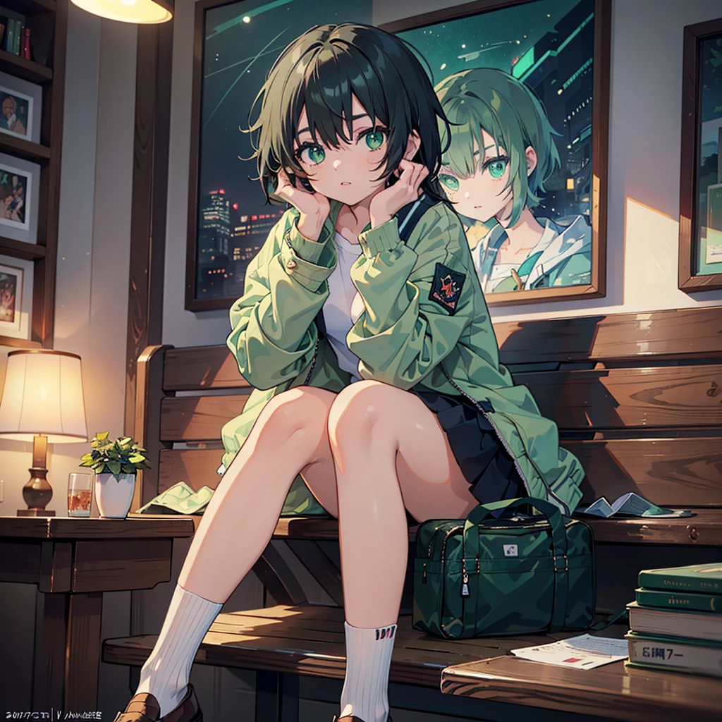 (masterpiece:1.2), (Highest quality:1.2), Ultra-high resolution, Very detailed, Perfect Eyes, Perfect Face, Perfect lighting,((Seated Anime Girl)), Headrest, anger, Surreal Girl, (1 person,boyish, , :1.3),((alone:1.3)), , The charm of androgyny, (Very short hair), ((Black Hair)), Messy Hair, small and soft breasts,Slender body, Small Ass, Small green eyes,Fine and beautiful eyes, Well-proportioned iris and pupil, Expressive eyes, Beautiful and detailed lips, High resolution detailed hair, ((Light green jacket:1.4)),(White shirt:1.4),((Check skirt)), Light green socks, Brown Loafers, Student Bag, ultra high density skin, Portraiture, Gweiz-style artwork, Makoto Shinkai'Art Style, lofi Portraiture, Digital anime art, Makoto Shinkai style, LOFI Girl, Anime style illustrations, ロフィArt Style, Anime illustration