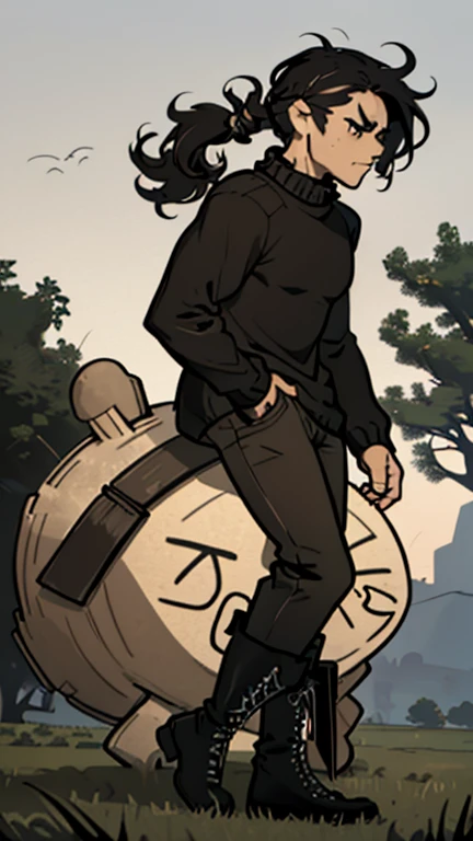 (detailed), (((normal guy))), (Arabic characteristics), ((brown sheepskin jacket)), ((pelo negro rizado ponytail hairstyle)), ((ponytail hairstyle)), (calm face), ((by the width)), ((black high boots)), (((whole body))), ((in the middle of a field leaning on a tree), ((male)), (black turtleneck sweater), ((only one person)), (at night)
