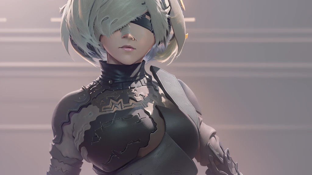 (masterpiece, Nier Automata 2b, Wearing a black blindfold,Standing in a beautiful pose: 1.5)  (Highest quality, Cinema Lighting: 1.5), Perfect Eyes, Perfect Face, Volumetric lighting,  A little frill, Black Stockings,  super close up shot, Highly accentuated hourglass shape, (Inner Flesh: 0.5), (Protruding nipples: 0.5) 