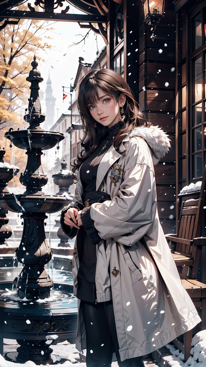 In the Winter Palace Gardens、A woman from the royal family wearing a luxurious fur coat、Enjoying the snow scenery。A small fountain freezes at her feet