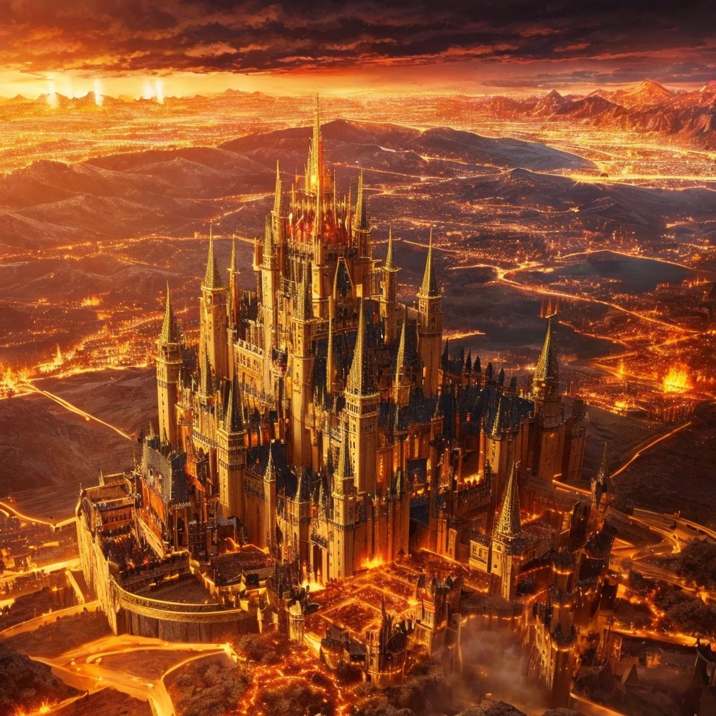 1 kingdom made of Gold,  a giant menacing Castle made of Gold in the middle, Red lighting, dark red skies, dark clouds, Hellish landscape, Demons walking around, Birds eye view, hell