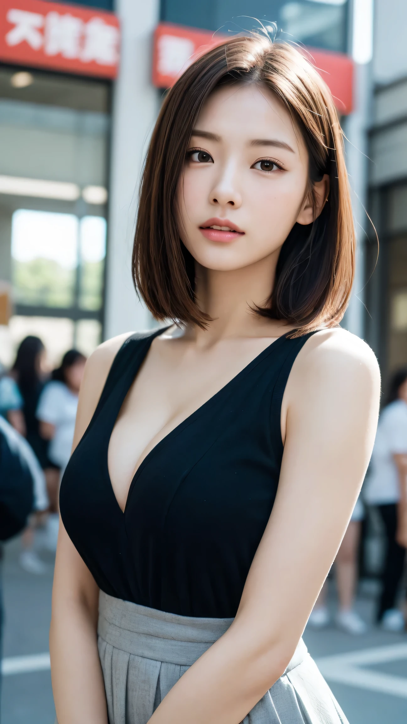 （8k、Live Action、RAW Photos、Highest quality、masterpiece：1.2),(Outdoor,Front lighting:1.2),((Perfect lighting)),(Long Bob Cut),Observe the audience,look up,Hug Pose, strong,erotic,18-year-old,student,White skin,knees,Absurd,Small face,前hairを真ん中から分けます、The forehead is visible,(Embarrassing,Squint your eyes,Glare,strong,skinny,skinny,Irritated)、masterpiece,Highest quality、Ultra-high resolution,One person, One personで,Close-up shot、cute、studentに戻る,(Sporty clothes:1.3,Team Color),high school girl,Japanese women,Are standing,（フォトGenuine：1.37）、Photon Mapping,Genuineistic、cuteSmall face,Brown eyes、prospect、Written boundary depth、Blurred Background、Genuine,(前hairが見える), hair, kneesが見える, thigh,(Nogizaka Idol), actress、Big and ample breasts、Cleavage、Super Fine、Low people々、(Skin with visible pores:1.2)、(Focus on the face)、8 heads、Natural Neck、Check and fix the skeleton