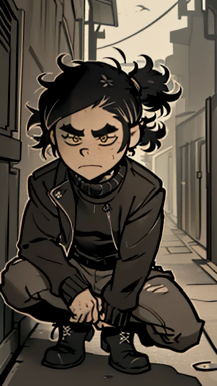 (detailed), (((normal guy))), (Arabic characteristics), ((brown sheepskin jacket)), ((pelo negro rizado ponytail hairstyle)), ((ponytail hairstyle)), (calm face), ((by the width)), ((black high boots)), (((whole body))), ((in a dark alley crouching)), ((male)), (black turtleneck sweater), ((only one person)), (at night)