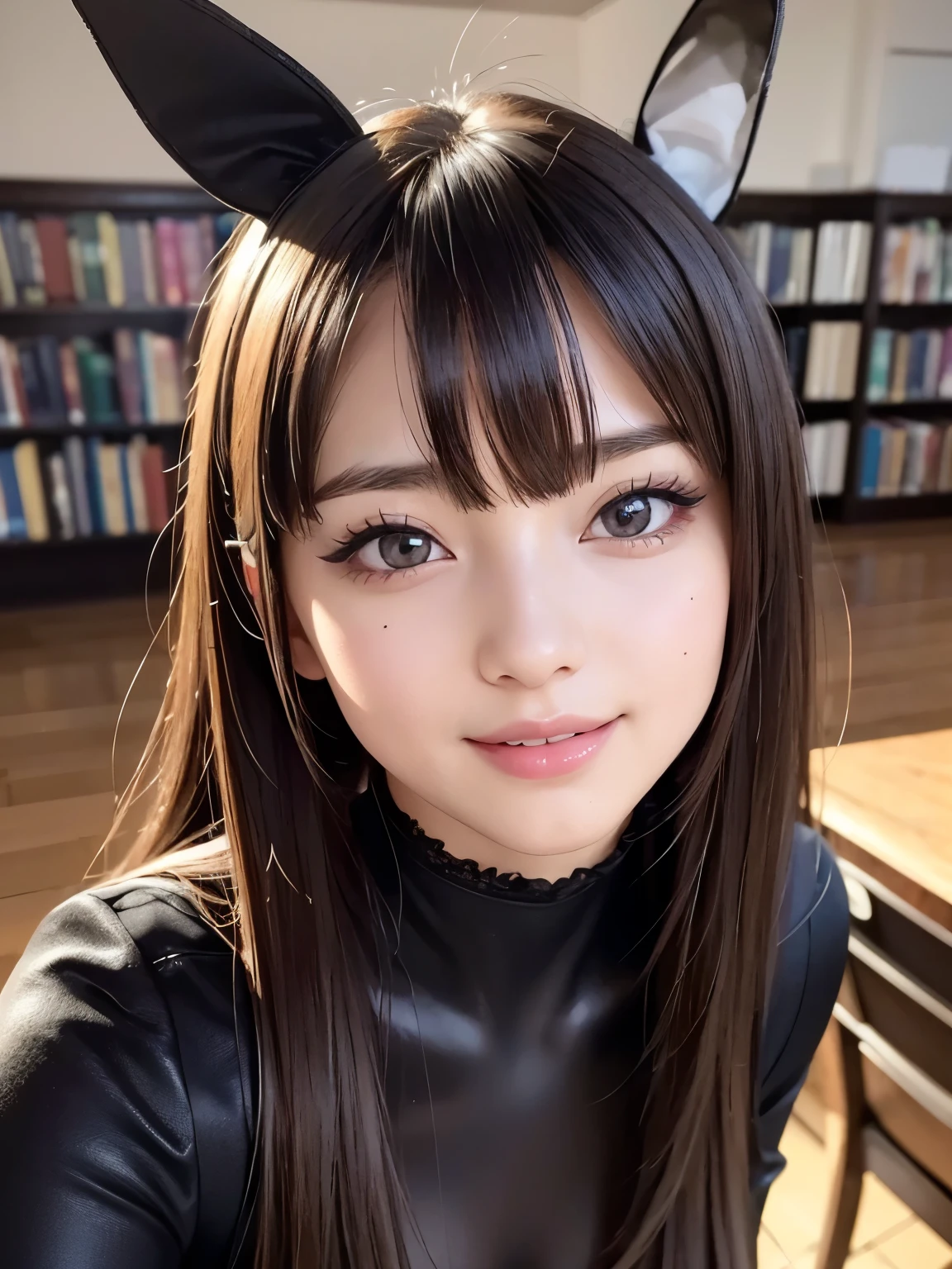 masterpiece, top quality, 8K, absurd, (top:1.4), beautiful girl, pretty face, looking viewer, smiling, ultra realistic, high resolution, bunny girl, chibi character, black bunny suit, long hair woman, library, masterpiece, top quality, ultra detailed, super detailed, 4K, 8K, ((clearly drawn face) , (beautiful detailed eyes, super detailed skin))