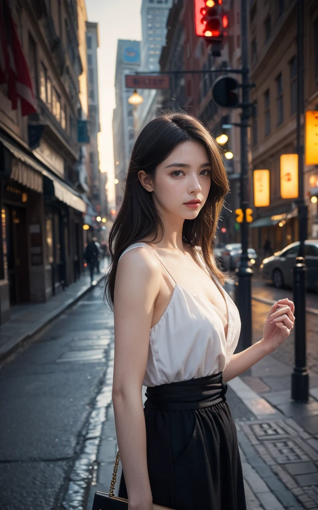 Photo of a beautiful woman standing on a street corner, with influence of Jeremy Mann, Jeremy Mann, style of Jeremy Mann, Jeremy Mann painting, Jeremy Mann art, Ron Hicks, Lipke, Jeremy Mann and alphonse mucha, Works that influenced Edmund Blampid, Robert Lenkiewicz, Casey Baugh 和 James Jean, Works that influenced William Kalff, nick alm, tumbler, Figurative Art, Intense watercolor, Watercolor Detail Art,Beautiful and expressive paintings, Beautiful art illustration, wonderful, Cruel beauty, best quality, Official Art, Perfect composition,Perfect angle, Best Shot, Women only, Clear outline, mystery, Nostalgia, Nostalgia, Romantic, fantasy, Blurred lines between past and present, Very beautiful and detailed eyes, Beautiful and delicate eyes, Ideal animation, Look for lost time, Marcel Proust, sentimental, Rome in the first half of the 20th century, close up