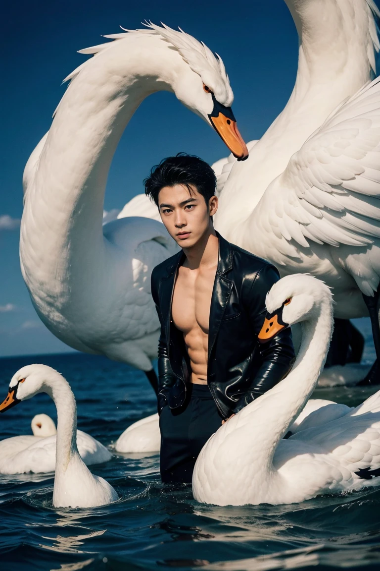 a close up of a man in a body of water surrounded by swans, male art, shikanosuke yagaki, anime handsome man, hironaka, greek god, samurai jack, male anime character, swan, michael okuda, otto schmidt, tokio aoyama, anime man, andrew thomas huang, avatar image, rick dai, attractive male deity