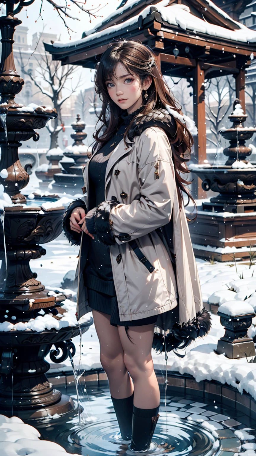 In the Winter Palace Gardens、A woman from the royal family wearing a luxurious fur coat、Enjoying the snow scenery。A small fountain freezes at her feet