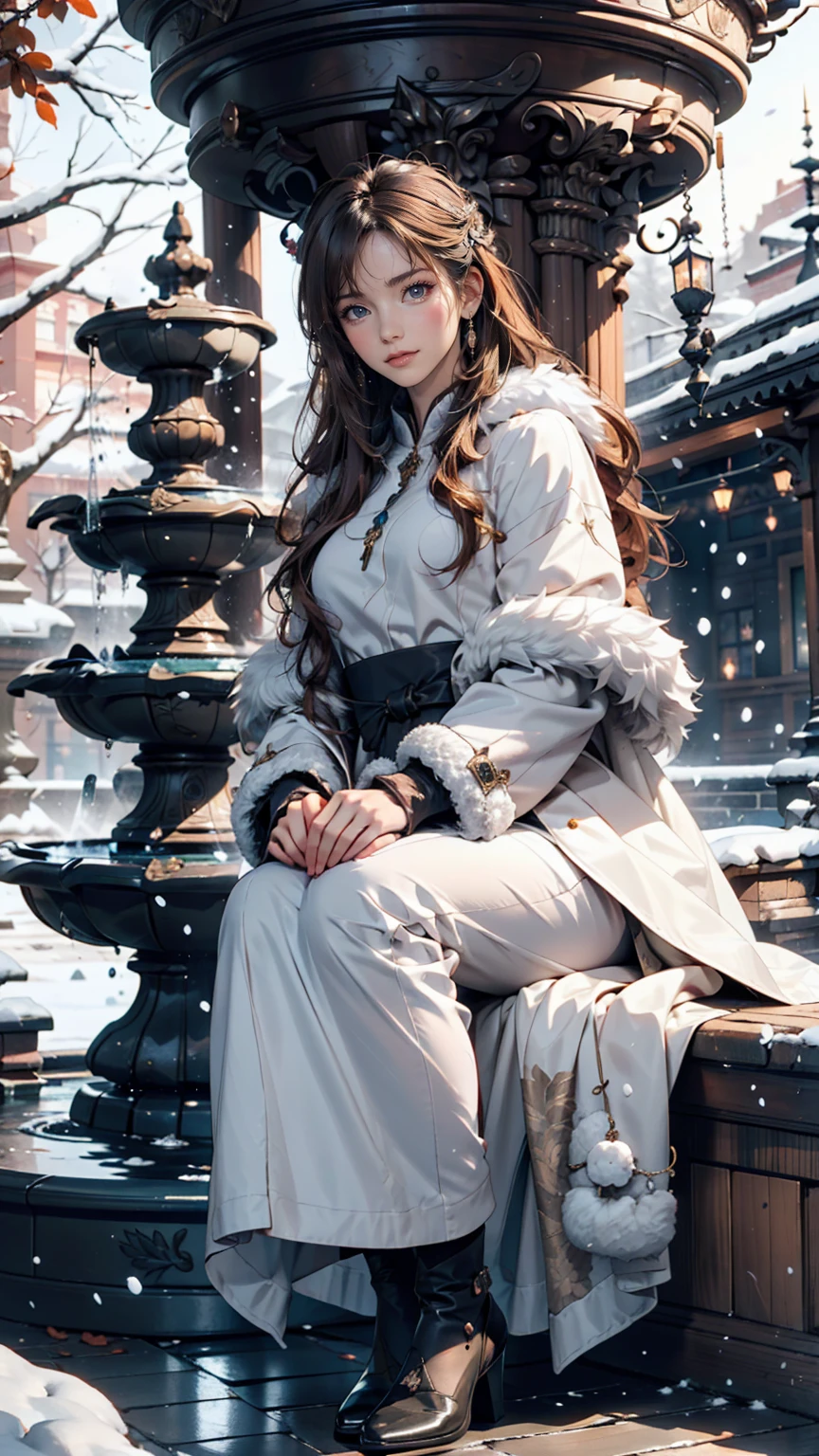 In the Winter Palace Gardens、A woman from the royal family wearing a luxurious fur coat、Enjoying the snow scenery。A small fountain freezes at her feet