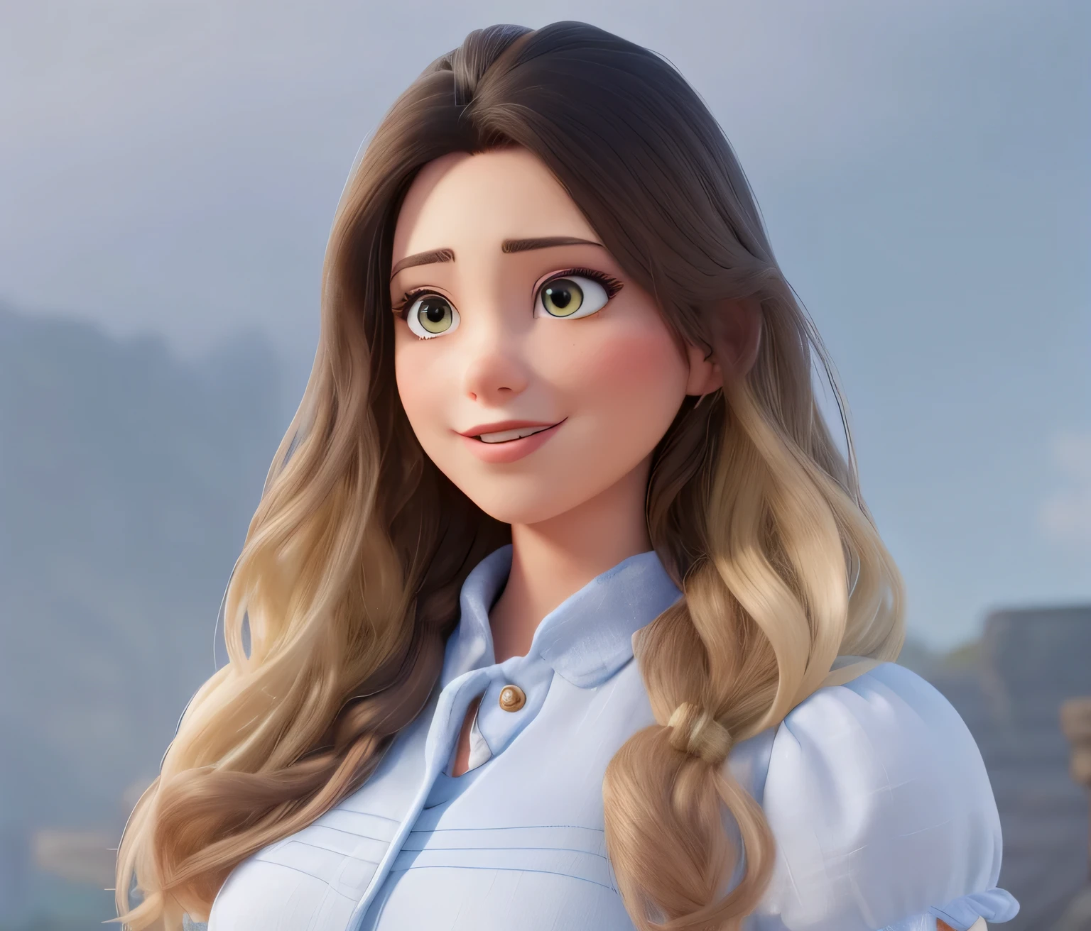 feminine beauty, Disney style, ((trunk)), blue dress