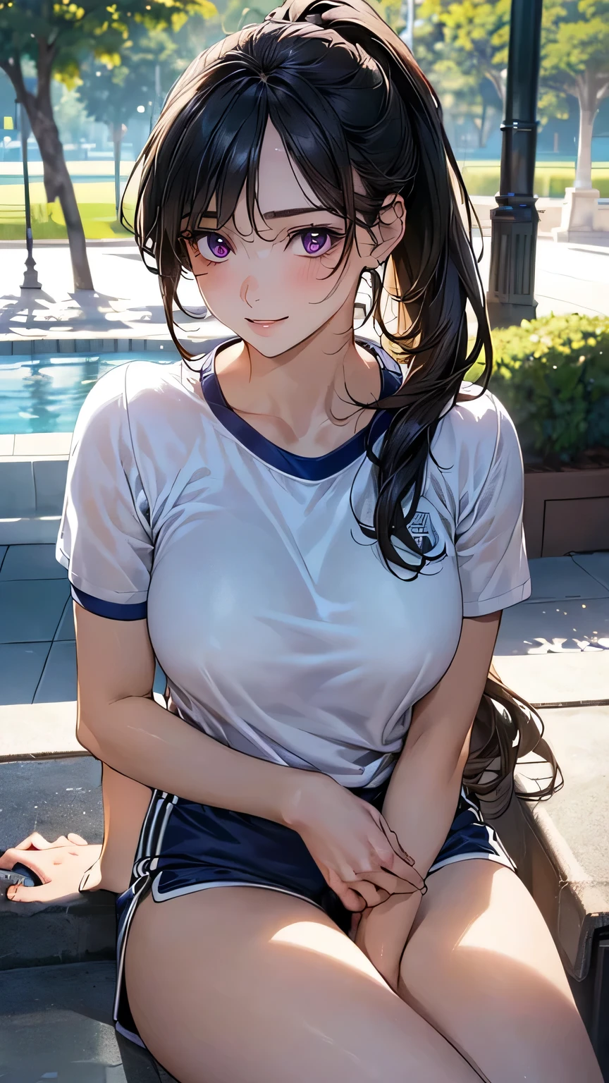 (masterpiece:1.2, Top quality), (Practical, photoPractical:1.4), Nice illustration, (Natural side light, light), Depth of Field, (photo),
Beautiful and fine hair, Beautiful and delicate face, Beautiful and delicate eyes, Beautiful clavicle, Beautiful Body, Beautiful breasts, Beautiful thighs, Beautiful legs, Beautiful fingers,
Looking at the audience, 1 girl, , (Perfect anatomical structure, Anatomically correct, Super delicate skin), Perfect face, Perfect eyes, Cute and symmetrical face, baby face,
(Zhongfa, Ponytail, temple:2.0, Black Hair), Bangs, Purple Eyes, Squint, big eyes, Long eyelashes, (Large Breasts, Attractive thighs), slim, White skin, Glowing skin,
(Short-sleeved white T-shirt, Navy shorts, Sportswear),
(Beautiful scenery), night, (garden:1.2, fountain), Sitting on a bench, (Lovely smile, Upper Eye, Open your mouth),