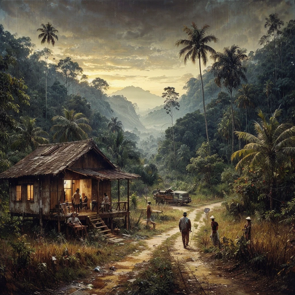 Oil paint splattered era 1960, a view, dirt road junction, There is an open house without a room where 2 people are chatting in the house, There was a man who was walking behind him, there was a woman, samping kanan kiri forest rapat borneo, there is a mountain background, forest, coconut tree, and trees, there is bush grass, ferns plant,very dark night,naturalism,Realism,very dull canvas,basuki abdullah style,Oil paint splashes are intuitive