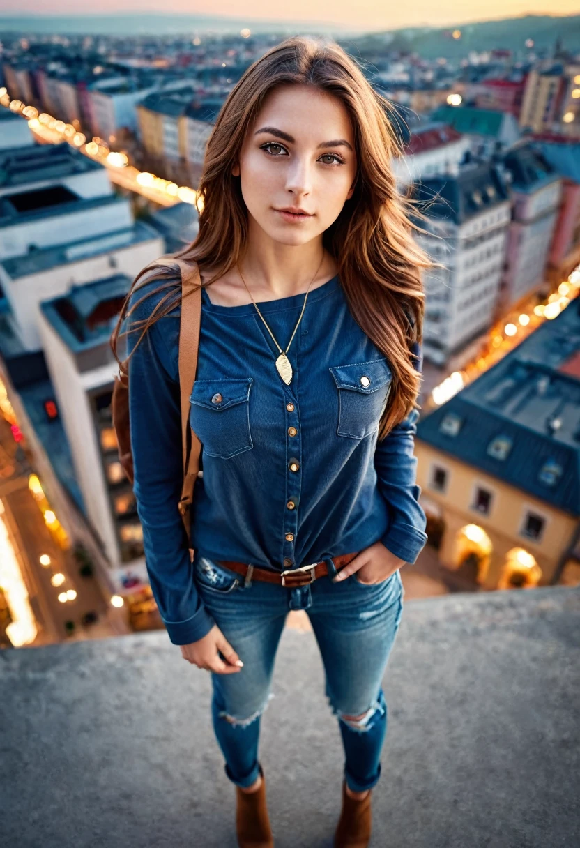 Extreme Beautiful girl from austria, hyperrealistic face, small nose, long brown hair, 25 years old, medium breasts, dynamic pose, sexy clothes, hands in the pocket, full body, from above, looking up, dynamic city background, mystical light