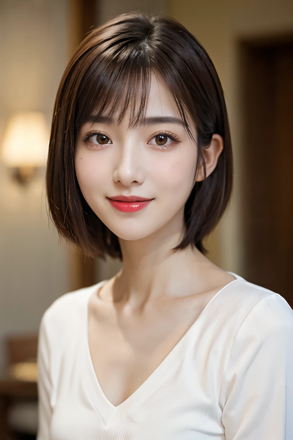 Highest quality. Tabletop, 8k, Best image quality, Award-winning works, One Girl, , Perfect V-neck long knit red sweater, Waist up upper body shot, (Look forward), Red eyeshadow, Perfect Makeup, Long eyelashes, Ultra HD Shining Eyes, Ultra HD Hair, Ultra-high resolution glossy lips, , Ultra HD cute face, Brown Hair, Very short straight hair, Look at me and smile, clavicle, Accurate anatomy, Face close-up, Luxury Love Hotel, The most atmospheric and warm lighting, Blurred Background