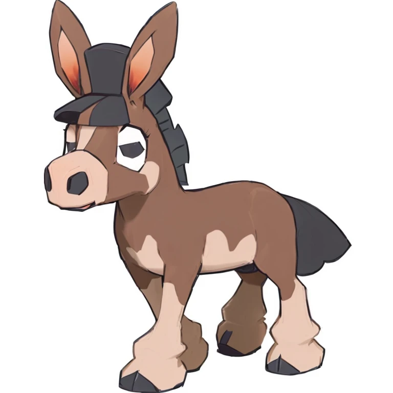 a cartoon horse with a hat on its head, donkey, similar to pokemon, mule, very stylized, full body portrait of a zentaur, new pokemon, eevee, style of cute pokemon, hybrid of mouse and horse, style of pokemon, anthropomorphic mare, video game dunkey, zorua pokemon, ashy, lance, weird pokemon