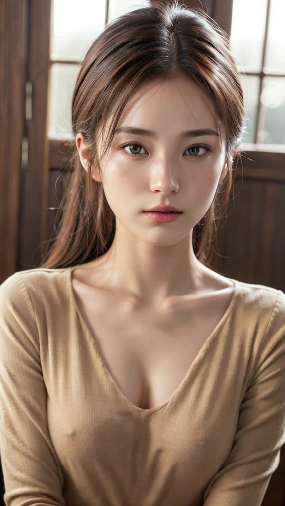 doress、(Photorealsitic:1.4)、(hyper realisitic:1.4)、(realisitic:1.3)、(Smooth lighting:1.05)、(Improved lighting quality in movies:0.9)、32K、1 beauty、Tall slender 28 year old woman、Realistic lighting、back lighting、Facial light、raytrace、(brightened light:1.2)、(enhanced quality:1.4)、(Top quality real texture skins:1.4)、finely eye、finerly detailed face、Fine quality eye、(Tired, sleepy and satisfied:0.0)、 close up of face、tshirts、(enhance body line mood:1.1)、Beautiful brown hair、(Increase the beauty of skin texture:1.1)