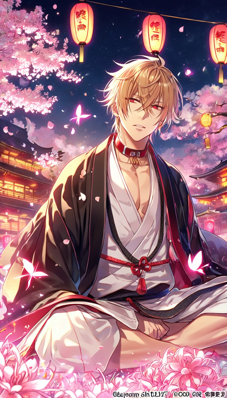 absurd resolution, high resolution, ultra detailed, detailed eyes, extremely detailed, HDR, 8K, Kazama Chikage, honey blonde hair, expressive red eyes, Hakuouki, solo, sexy man sitting, handsome, black haori, white kimono, red collar, fantasy, cool, magical, pink glittering butterflies, pink dust flying around, pink spider lilies, pink petals, pink lanterns, Japanese ambiance, cherry blossoms