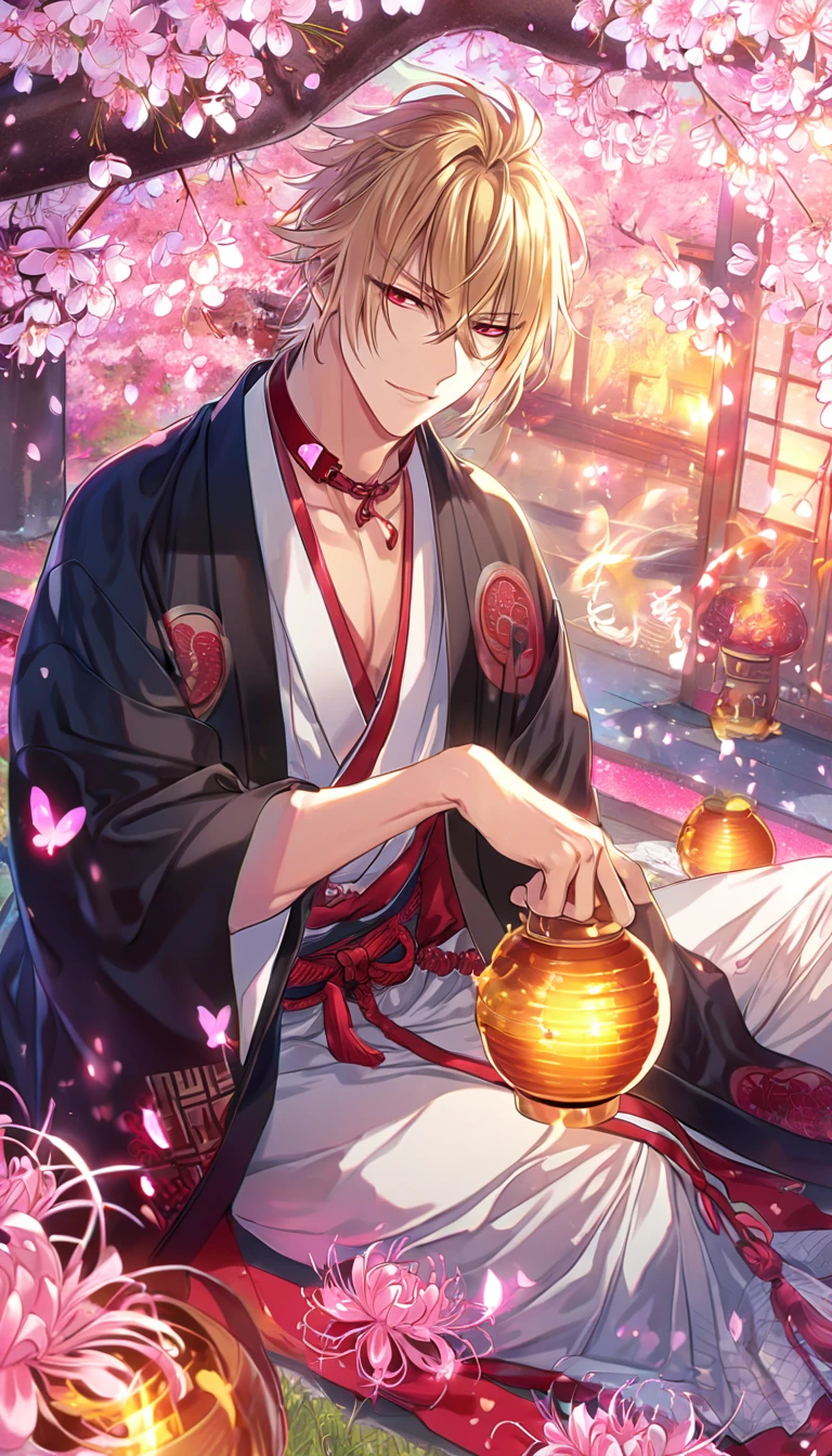 absurd resolution, high resolution, ultra detailed, detailed eyes, extremely detailed, HDR, 8K, Kazama Chikage, honey blonde hair, expressive red eyes, Hakuouki, solo, sexy man sitting, handsome, black haori, white kimono, red collar, fantasy, cool, magical, pink glittering butterflies, pink dust flying around, pink spider lilies, pink petals, pink lanterns, Japanese ambiance, cherry blossoms