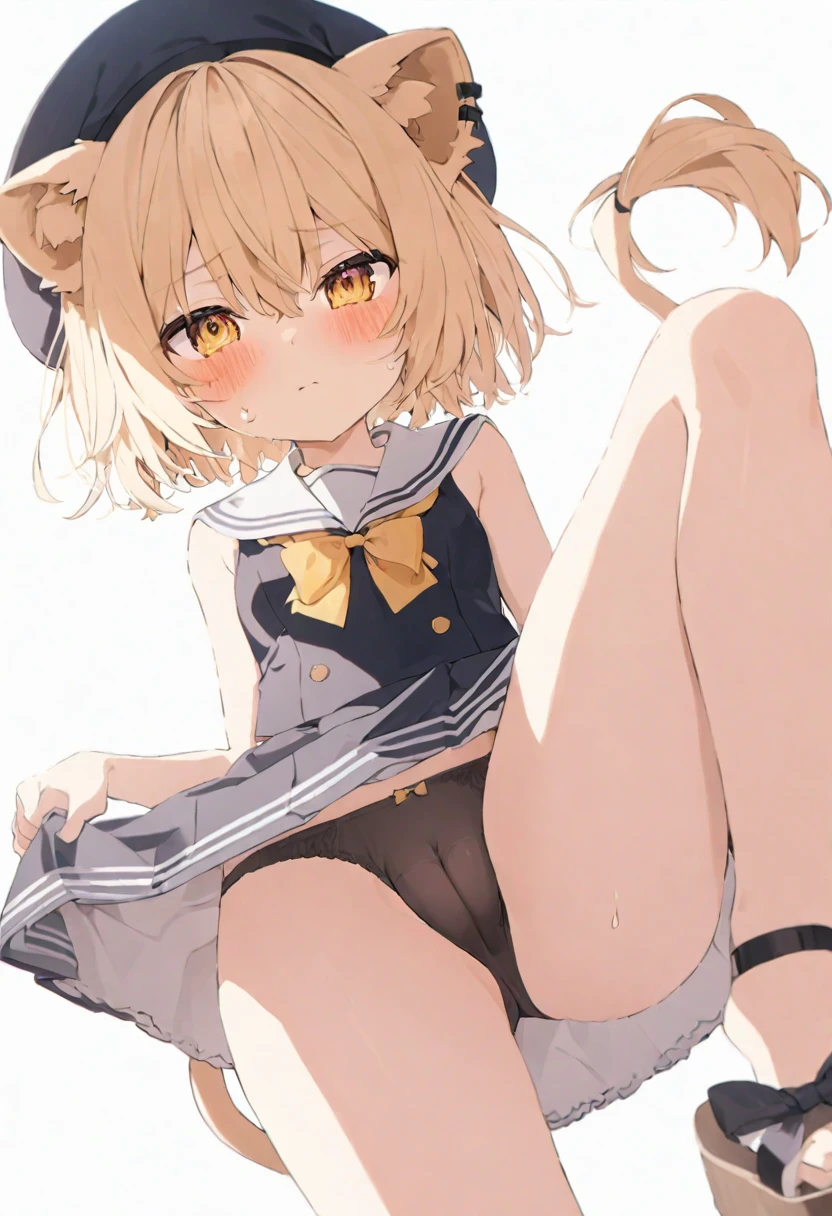 (muste piece), (best quality), (score_9, score_8_up, score_7_up), very detailed eyes, expressive eyes, perfect face, very detailed face, highly detailed face, beautiful girl, 8K, beautiful girl, white background, delicate and beautiful face and eyes, dark intense shadow,
1 girl, vtuber style, cool girl, hololive, vtuber, rurudo_lion, blond lion ears, blond lion tail, blond hair, short hair, blond eyes, hair between eyes, Berets, Sailor suit, sleeveless suit, short skirt, bow, skirt_lift, underpants, cameltoe, small chest, clavicle, shy expression, blush, (full body), naked thighs, sandals, standing, sweating, wind blowing, from below, pov crotch,