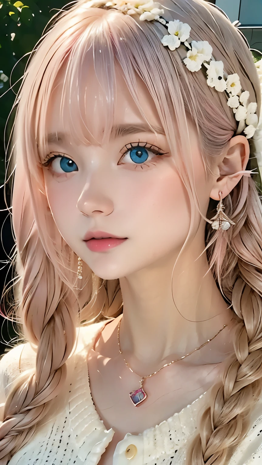 rainbow, One Girl, alone,So cute, Long Hair, Show Viewer, Blue Eyes Background, White Background, jewelry, Mouth closed, Jacket, Upper Body, Pink Hair, Earrings, Pink Eyes, necklace, From the side, sweater, lips, eyelash, Compensate, Wavy Hair, Earrings, cross, lipstick, 耳のEarrings, eye shadow, hoop Earrings, ピンクのlips, Variegated eyes, Pink Theme, , ピンクのeye shadow,