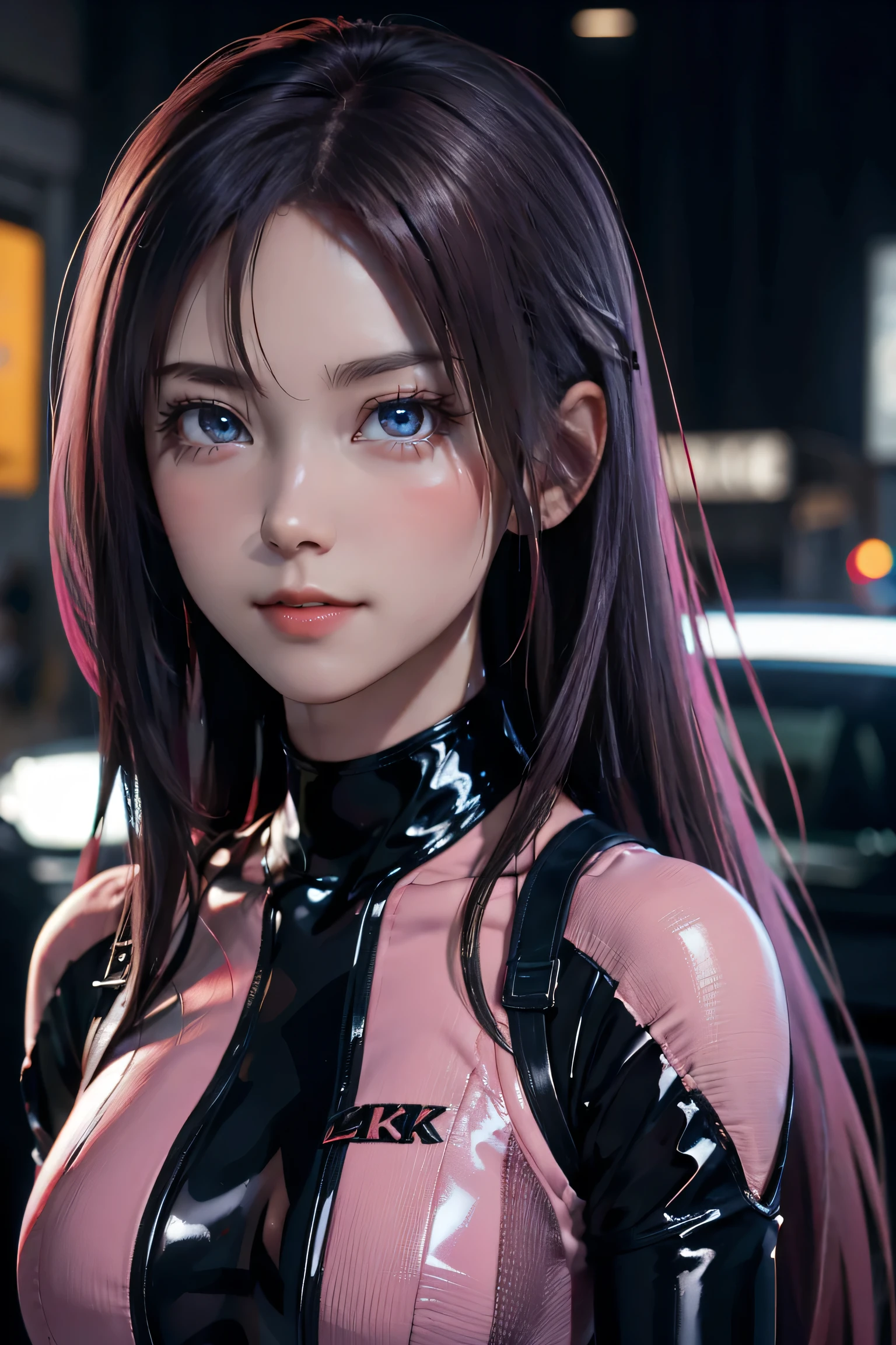 Highest quality，masterpiece，The ultimate solution，Sophisticated，Very colorful，color，(Latex bodysuit:1.4)，Black Stockings，Starry Sky Android!,More detailed 8K.Unreal Engine:1.4,Ultra HD,La Highest quality:1.0, Realistic:1.4, Skin Texture:1.4, masterpiece:1.8,First Job, Highest quality,Object Object], (Detailed facial features:1.3),(Pink long hair:1.4),（Beautifully detailed eye depiction）,(hand:1.4), (Sportswear:1) , (Large Breasts)