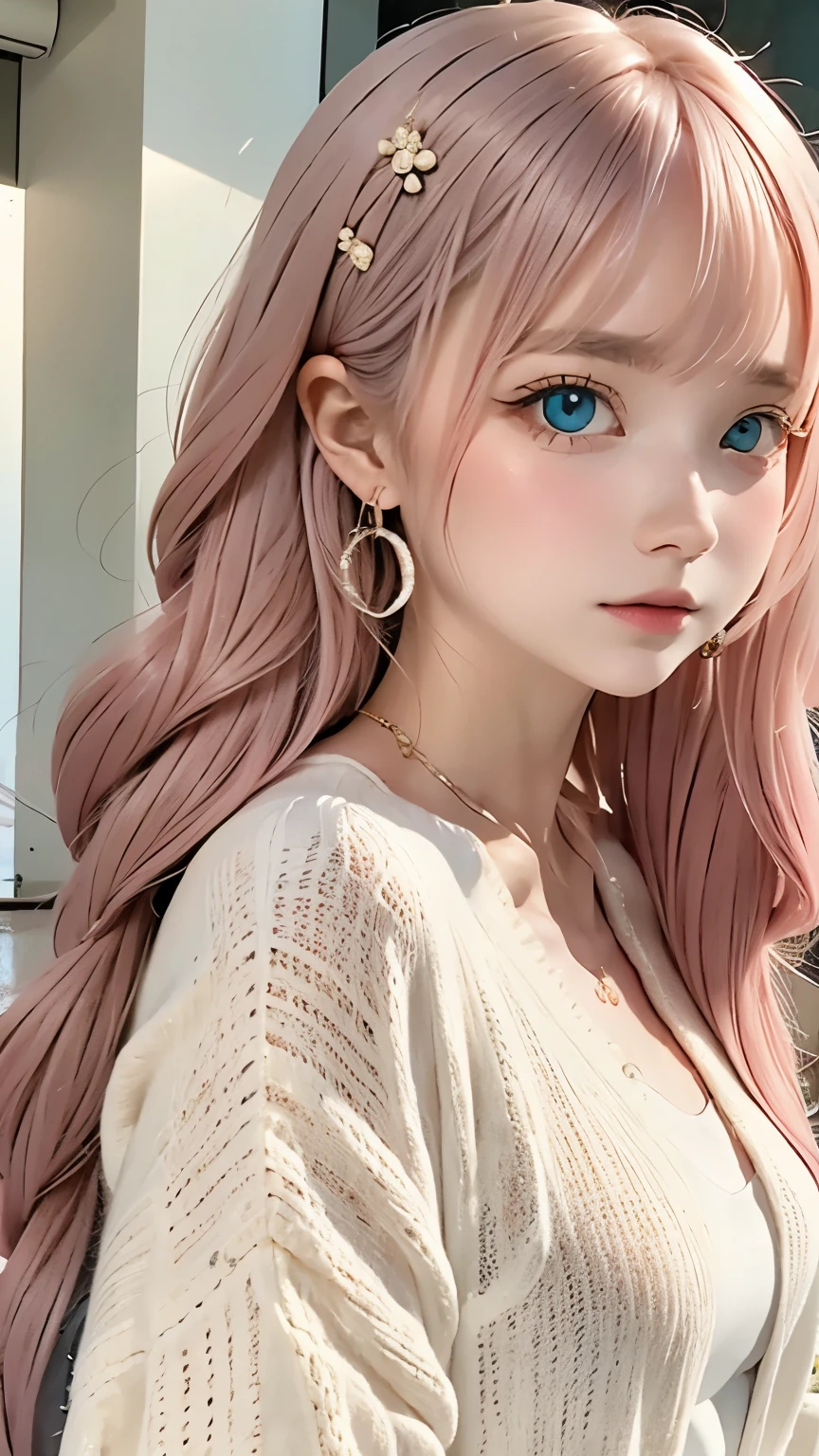 rainbow, One Girl, alone,So cute, Long Hair, Show Viewer, Blue Eyes Background, White Background, jewelry, Mouth closed, Jacket, Upper Body, Pink Hair, Earrings, Pink Eyes, necklace, From the side, sweater, lips, eyelash, Compensate, Wavy Hair, Earrings, cross, lipstick, 耳のEarrings, eye shadow, hoop Earrings, ピンクのlips, Variegated eyes, Pink Theme, , ピンクのeye shadow,