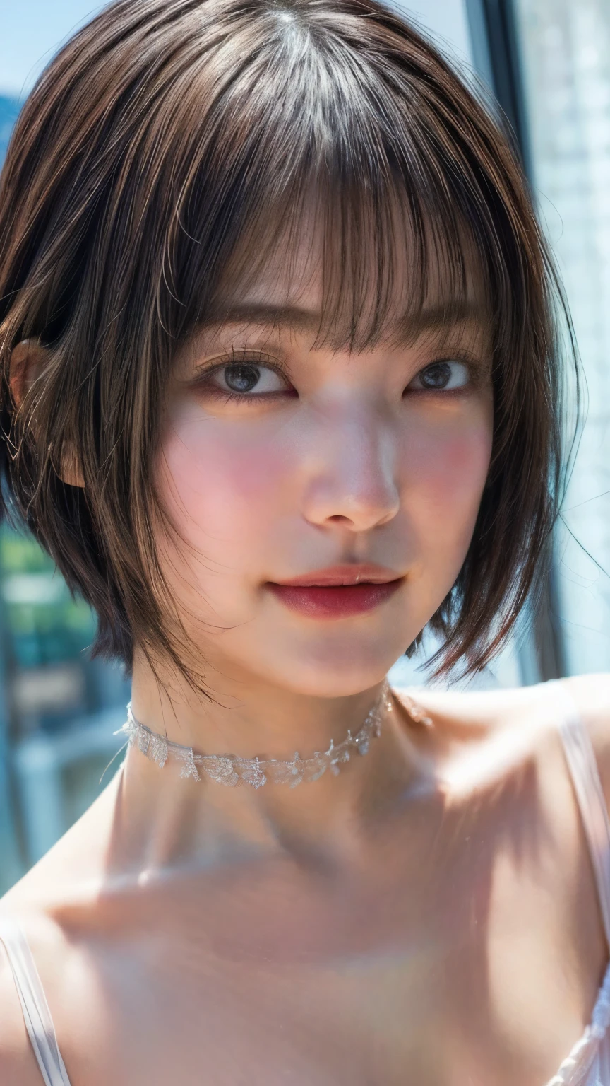 (nsfw:-2),(realistic, photo-realistic:1.4), (masterpiece, best quality:1.2), RAW photo, high resolution, intricate details, extremely detailed, realistic and sharp details, cinematic lighting, portrait, (portrait, frontal photography), solo, 1girl, a 24 years old Japanese female idol, dark hair, (short bob hair, blunt bangs:1.2), (detailed face, beautiful detailed eyes, sophisticated nose), pale skin, collarbone, (tiny breasts, flat chest), (seductive lingerie, tiny bra, choker, jewelry, tiny thong, thin strap, sleeveless), photo background, indoors,,,[Rei Ozono]