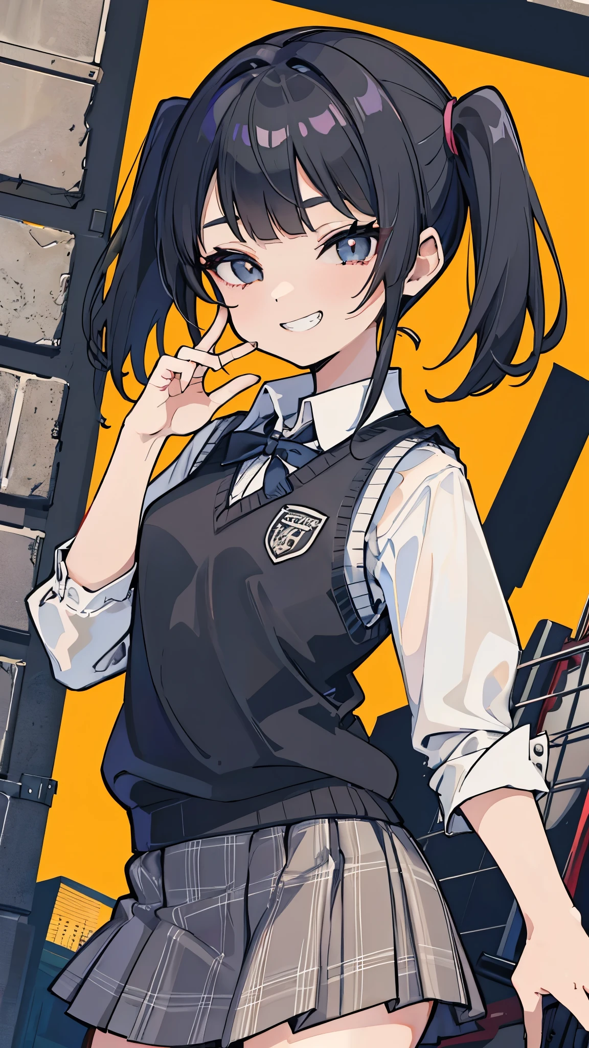 masterpiece、Highest quality、Very detailed))、One girl、Black Hair、Black Hair、twintails、blunt bangs、Grey Eyes、evil smile、((Grin))、((Small breasts))、((White collared shirt))、Short sleeve、((gray sweater vest))、Open chest、((gray plaid skirt))、Cowboy Shot、Downtown background