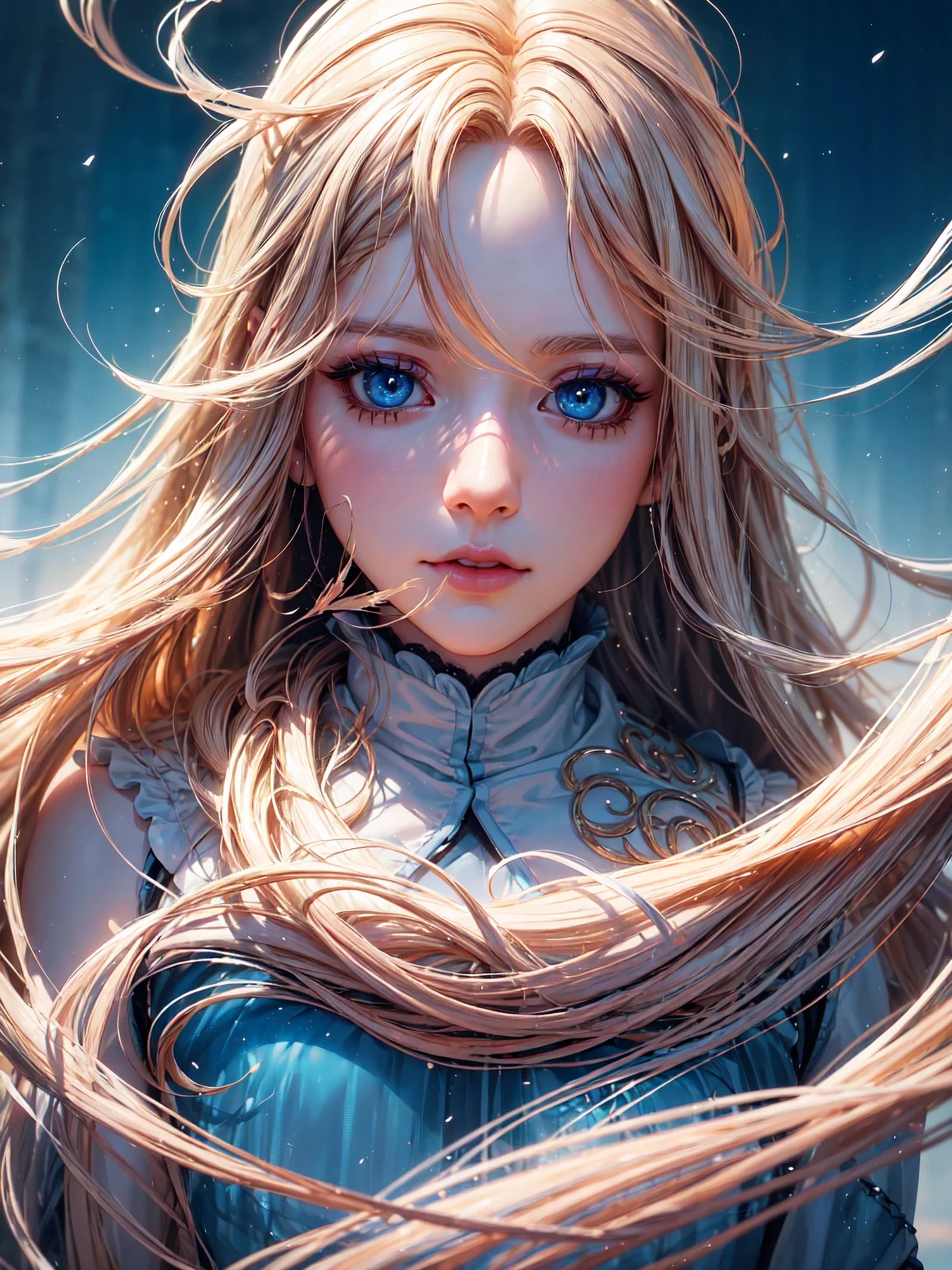 a beautiful anime girl, long flowing blonde hair, piercing blue eyes, white background, (best quality,4k,8k,highres,masterpiece:1.2),ultra-detailed,(realistic,photorealistic,photo-realistic:1.37),intricate details,highly detailed face,extremely detailed eyes and face,longeyelashes,delicate facial features,elegantpose,cinematic lighting,soft warm colors,ethereal,mystical