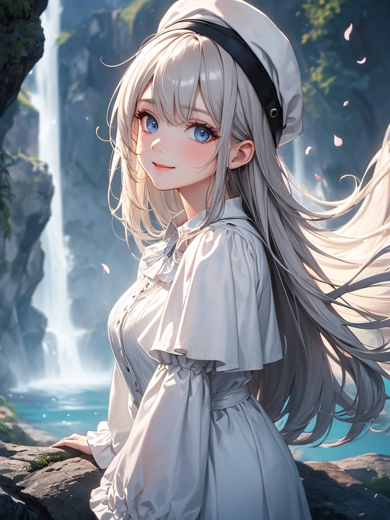 (masterpiece:1.2),(4k),high quality,super high resolution,(perfect anatomy),(1 girl),ultra-detailed face,silver long hair,beautiful detailed blue eyes,a shy smile,look at viewer,long sleeve petal collar blouse,white newsboy cap,tiered skirt,Undeservedly beautiful,dreamy romantic,fantastic and dreamy theme,mysterious atmosphere,enchanting dream,fantastical scenes,Add a dramatic and symbolic element to your scene,near the waterfall