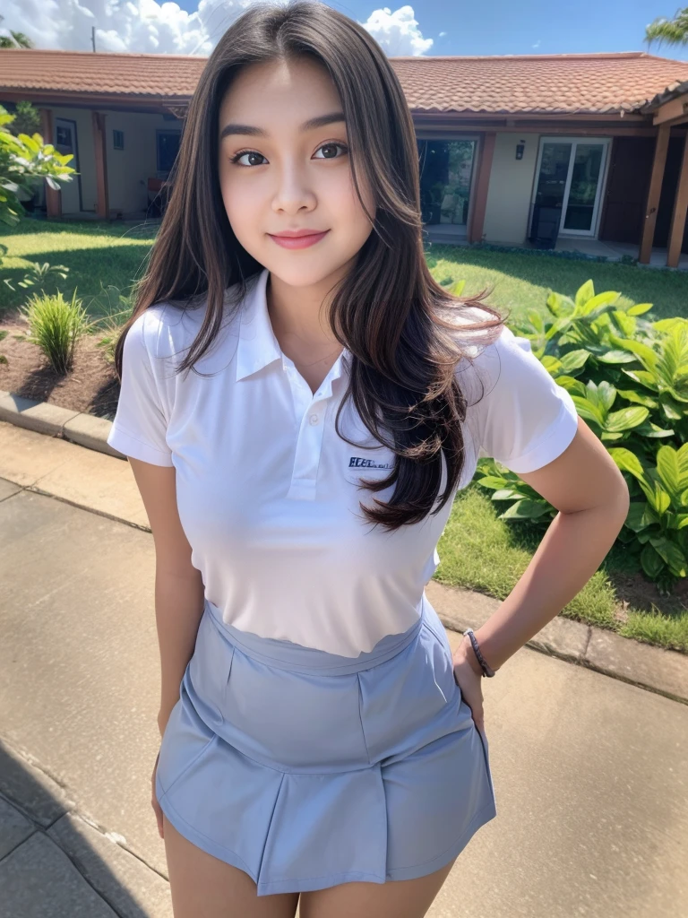 1girl, solo, (uniform), standing, at the beach, face at center frame, beautifully beach scenery, detailed face, seductive smile, detailed eyes, thick breasts, smooth skin, ponytail hairstyle, tight white shirt, grey blue short skirt, looking at the audience, low angle shot,(8k, RAW photo, best quality, masterpiece: 1.2), (realistic, realistic: 1.37), ultra-high resolution