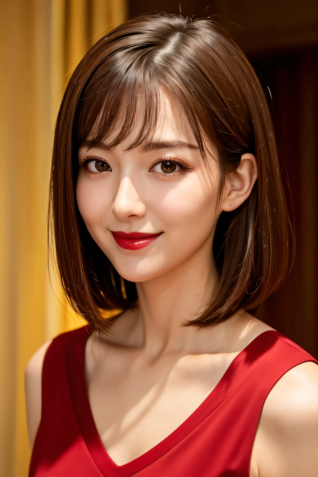 Highest quality. Tabletop, 8k, Best image quality, Award-winning works, One Girl, , Perfect V-neck long knit red sweater, Waist up upper body shot, (Look forward), Red eyeshadow, Perfect Makeup, Long eyelashes, Ultra HD Shining Eyes, Ultra HD Hair, Ultra-high resolution glossy lips, , Ultra HD cute face, Brown Hair, Very short straight hair, Look at me and smile, clavicle, Accurate anatomy, Face close-up, Luxury Love Hotel, The most atmospheric and warm lighting, Blurred Background