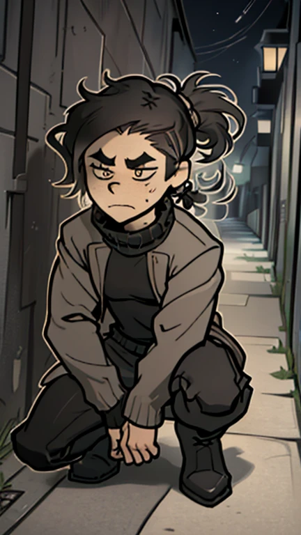 (detailed), (((normal guy))), (Arabic characteristics), ((gray wool jacket)), ((pelo negro rizado ponytail hairstyle)), ((ponytail hairstyle)), (calm face), ((by the width)), ((Brown boots)), (((whole body))), ((in a dark alley crouching)), ((male)), (gray turtleneck sweater), ((only one person)), (at night)