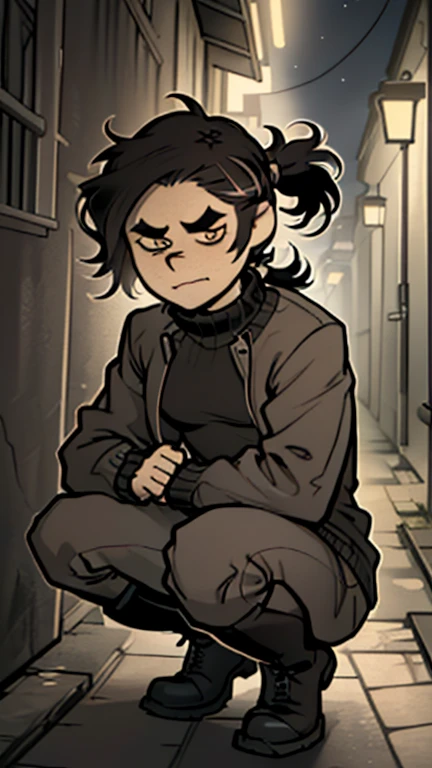 (detailed), (((normal guy))), (Arabic characteristics), ((gray wool jacket)), ((pelo negro rizado ponytail hairstyle)), ((ponytail hairstyle)), (calm face), ((by the width)), ((Brown boots)), (((whole body))), ((in a dark alley crouching)), ((male)), (gray turtleneck sweater), ((only one person)), (at night)