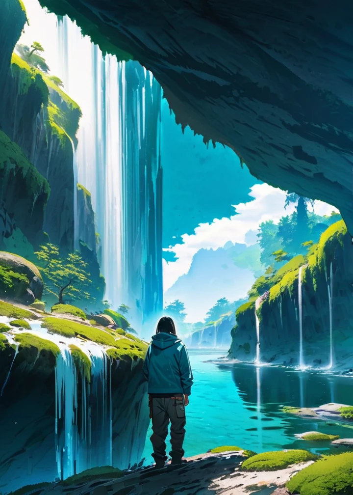 Generate a scenic image of a person standing at the edge of a rocky outcrop, overlooking a series of cascading waterfalls. The water is a vibrant turquoise blue, surrounded by dark, moss-covered rocks and sparse vegetation. The person is dressed in a hooded jacket and outdoor pants, facing away from the camera, taking in the breathtaking view. The overall atmosphere is serene and awe-inspiring, capturing the beauty of nature in a remote location."