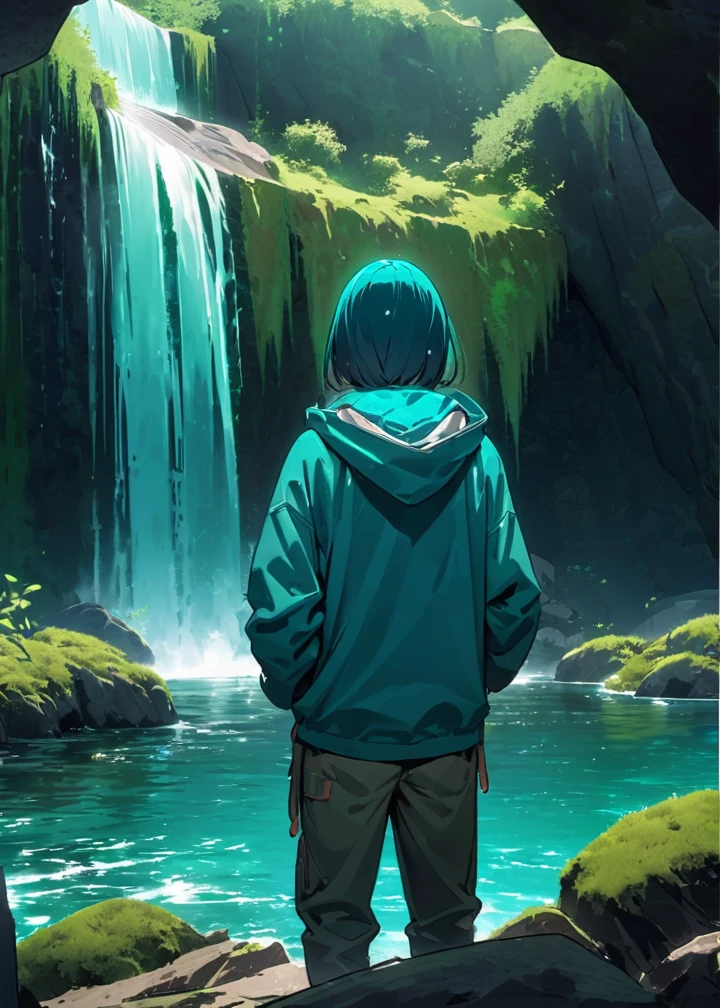 Generate a scenic image of a person standing at the edge of a rocky outcrop, overlooking a series of cascading waterfalls. The water is a vibrant turquoise blue, surrounded by dark, moss-covered rocks and sparse vegetation. The person is dressed in a hooded jacket and outdoor pants, facing away from the camera, taking in the breathtaking view. The overall atmosphere is serene and awe-inspiring, capturing the beauty of nature in a remote location."