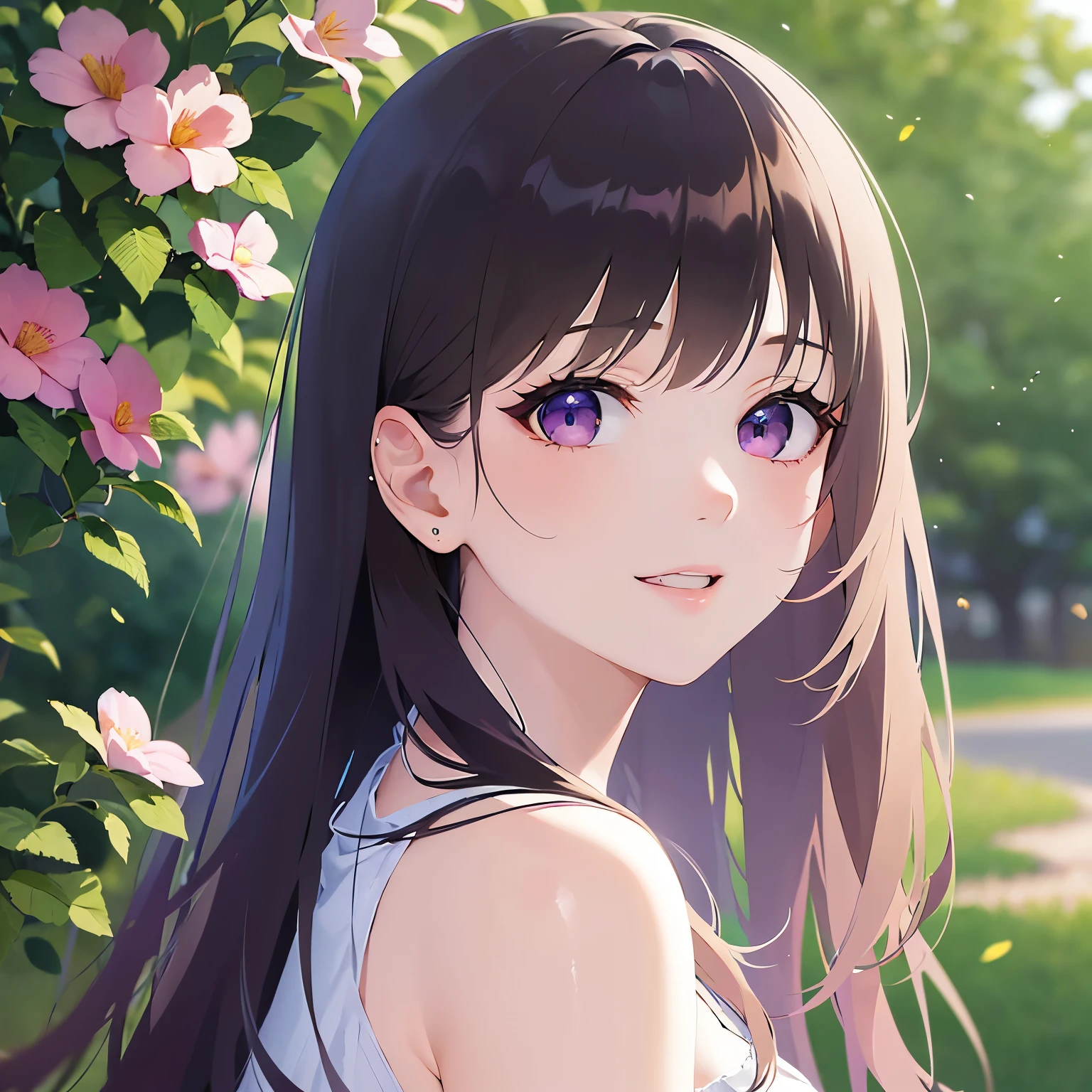 (looking at viewer:1.5),upper body,
Realistic, real person, (pale skin: 1.2), RAW photo, photorealistic, shiny skin, shiny hair、
(A 25-year-old woman with straight hair and bangs) and (medium hair) and (black hair) and (purple eyes) ,
(white) and (off shoulder blouse)、
blush,smile,The background is a park、Flower Field